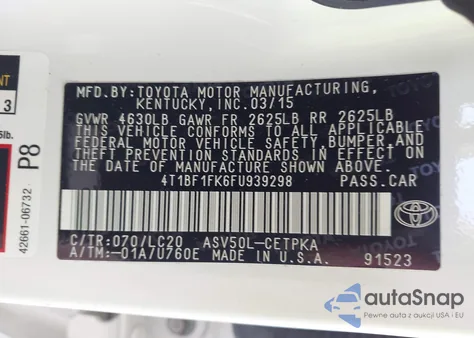 2015 Toyota Camry Xse from USA, damaged, VIN 4T1BF1FK6FU939298